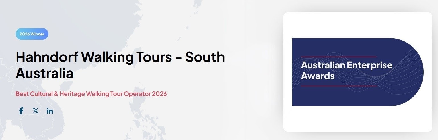 Hahndorf Walking Tours wins 2026 Best Cultural Tour, Australian Enterprise Awards logo on right.